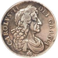 obverse of 1 Crown - Charles II - Guinea mint; 4'th Portrait (1681) coin with SP# 3360 from England. Inscription: CAROLVS · II · DEI · GRATIA