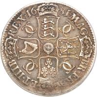 reverse of 1 Crown - Charles II - Guinea mint; 4'th Portrait (1681) coin with SP# 3360 from England. Inscription: MAG · BR · FRA · ET · HIB · REX · 16 81 · CC CC CC CC