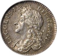 obverse of 6 Pence - James II (1686 - 1688) coin with SP# 3412 from England. Inscription: IACOBVS · II · DEI · GRATIA