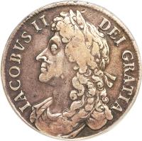 obverse of 1 Crown - James II (1686) coin with SP# 3406 from England. Inscription: IACOBVS · II · DEI · GRATIA