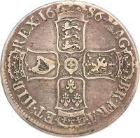 reverse of 1 Crown - James II (1686) coin with SP# 3406 from England. Inscription: MAG · BR · FRA · ET · HIB REX · 16 86 ·