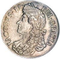 obverse of 1 Crown - James II (1687 - 1688) coin with SP# 3407 from England. Inscription: IACOBVS · II · DEI · GRATIA