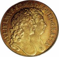 obverse of 1 Guinea - William & Mary (1689 - 1694) coin with SP# 3426 from England. Inscription: GVLIELMVS · ET · MARIA · DEI · GRATIA ·