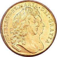 obverse of 5 Guineas - William & Mary (1691 - 1694) coin with SP# 3422 from England. Inscription: GVLIELMVS · ET · MARIA · DEI · GRATIA