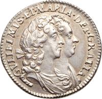 obverse of 6 Pence - William & Mary (1693 - 1694) coin with SP# 3438 from England. Inscription: GVLIELMVS · ET · MARIA · DEI · GRATIA