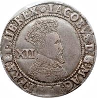 obverse of 1 Shilling - James I (1604 - 1605) coin with SP# 2654 from England. Inscription: IACOBVS · D · G · ??? FRA · ET · HIB · REX · + XII