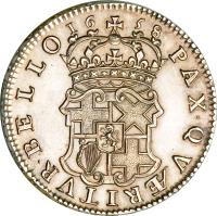 reverse of 1/2 Crown - The Commonwealth of England (1658) coin with SP# 3227a from England. Inscription: PAX · QV · RITVR · BELLO 16 58