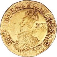 obverse of 20 Shillings - Charles I (1642) coin with SP# 2690 from England. Inscription: CAROLVS · D:G:MA:BR: FR:ET:HI:REX XX