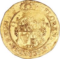 reverse of 20 Shillings - Charles I (1642) coin with SP# 2690 from England. Inscription: · FLORENT · CONCORDIA · REGNA · C R