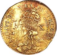 obverse of 10 Shillings - Charles I (1643 - 1644) coin with SP# 2742 from England. Inscription: CAROLVS · D:G:M:BR:FR:ET · HIB:REX · X