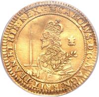 obverse of 3 Unites - Charles I - Oxford mint (1643) coin with SP# 2727 from England. Inscription: CAROLVS · D:G · MAGN:BRIT:FRAN:ET:HIB:REX · :