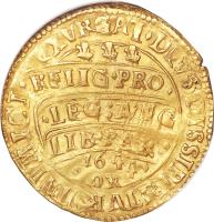 reverse of 20 Shillings - Charles I (1644) coin with SP# 2735a from England. Inscription: EXVRGAT · DEVS · DISSIPENTVR · INIMICI · RELIG · PRO · · LEG: ANG · LIB · PAR · 1644 · OX