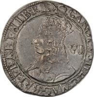 obverse of 6 Pence - Charles II (1660) coin with SP# 3323 from England. Inscription: CAROLVS II D · G · MAG:BRI:FRA:ET · HIB:REX VI