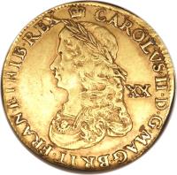 obverse of 20 Shillings - Charles II (1660 - 1662) coin with SP# 3304 from England. Inscription: CAROLVS · II · D · G · MAG · BRIT · FRAN · ET · HIB · REX XX