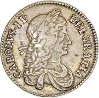 obverse of 1/2 Crown - Charles II (1663) coin with SP# 3361 from England. Inscription: CAROLVS · II · DEI · GRATIA