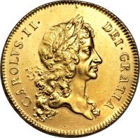 obverse of 5 Guineas - Charles II (1668 - 1678) coin with SP# 3328 from England. Inscription: CAROLVS · II · DEI · GRATIA