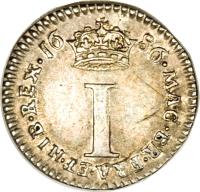 reverse of 1 Penny - James II - Maundy Coinage (1685 - 1688) coin with SP# 3417 from England. Inscription: MAG · BR · FRA · ET · HIB · REX · 16 86 · I