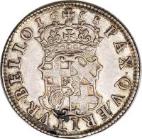 reverse of 1 Shilling - The Commonwealth of England (1658) coin with SP# 3228 from England. Inscription: PAX · QV · RITVR · BELLO 16 58