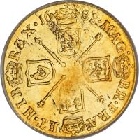 reverse of 1/2 Guinea - James II (1686 - 1688) coin with SP# 3404 from England. Inscription: MAG · BR · FRA · ET · HIB · REX · 16 88 ·