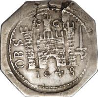 reverse of 1 Shilling - Charles I - Pontefract siege coinage (1648) coin with SP# 3148 from England. Inscription: P C OBS 1648