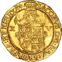 obverse of 15 Shillings - James I (1619 - 1620) coin with SP# 2634 from England.