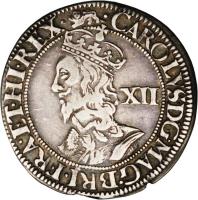 obverse of 12 Pence - Charles I (1643 - 1644) coin with SP# 2871 from England.