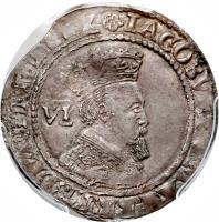 obverse of 6 Pence - James I (1605) coin with SP# 2657 from England.