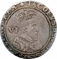 obverse of 6 Pence - James I (1603) coin with SP# 2647 from England.