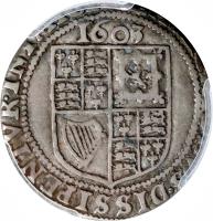 reverse of 6 Pence - James I (1603) coin with SP# 2647 from England.