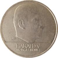 obverse of 20 Kroner - Harald V (1994 - 2010) coin with KM# 453 from Norway. Inscription: HARALD V NORGES KONGE