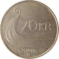 reverse of 20 Kroner - Harald V (1994 - 2010) coin with KM# 453 from Norway. Inscription: 20 KR 20 03