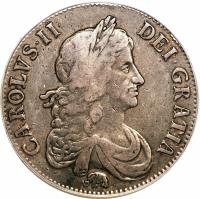 obverse of 1 Crown - Charles II - Guinea mint; 2'nd Portrait (1666) coin with SP# 3356 from England.