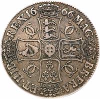 reverse of 1 Crown - Charles II - Guinea mint; 2'nd Portrait (1666) coin with SP# 3356 from England.