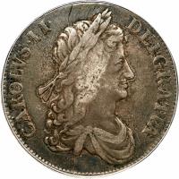 obverse of 1 Crown - Charles II - 1'st Portrait (1663) coin with SP# 3354 from England.