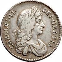 obverse of 1 Shilling - Charles II - 2'nd Portrait (1666 - 1683) coin with SP# 3375 from England.