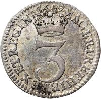 reverse of 3 Pence - William & Mary - Maundy Coinage (1689 - 1691) coin with SP# 3441 from England.