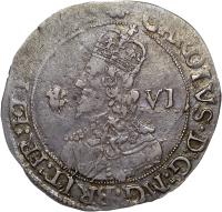 obverse of 6 Pence - Charles I (1643) coin with SP# 2981 from England.