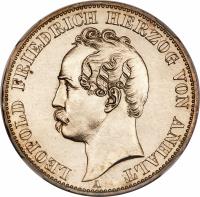 obverse of 1 Vereinsthaler - Leopold Friedrich (1866 - 1869) coin with KM# 20 from German States. Inscription: LEOPOLD FRIEDRICH HERZOG VON ANHALT A