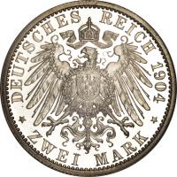 reverse of 2 Mark - Friedrich II (1901 - 1904) coin with KM# 27 from German States. Inscription: DEUTSCHES REICH 1904 * ZWEI MARK *