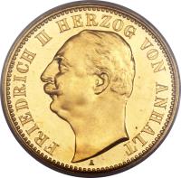 obverse of 20 Mark - Friedrich II (1904) coin with KM# 28 from German States. Inscription: FRIEDRICH II HERZOG VON ANHALT A