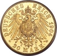 reverse of 20 Mark - Friedrich II (1904) coin with KM# 28 from German States. Inscription: DEUTSCHES REICH 1904 * 20 MARK *