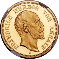 obverse of 20 Mark - Friedrich (1896 - 1901) coin with KM# 26 from German States. Inscription: FRIEDRICH HERZOG VON ANHALT A