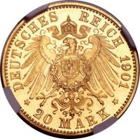 reverse of 20 Mark - Friedrich (1896 - 1901) coin with KM# 26 from German States. Inscription: DEUTSCHES REICH 1901 * 20 MARK *