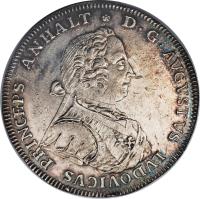 obverse of 1 1/3 Reichsthaler - August Ludwig (1747) coin with KM# 26 from German States. Inscription: D · G · AVGVSTVS LVDOVICVS PRINCEPS ANHALT *