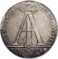 reverse of 2/3 Thaler - Johann August (1728) coin with KM# 31 from German States. Inscription: PIETATE PRVDEN TIA ET IUSTITIA · AI FEIN 2/3 SILB: JJ G.