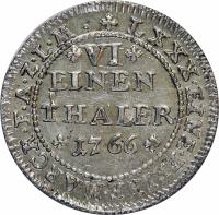 reverse of 1/6 Thaler - Friedrich August (1766) coin with KM# 52 from German States. Inscription: LXXX · EINE · FEINE · MARCK · F · A · Z · L · M · VI EINEN THALER 1766