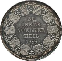 reverse of 1 Kronenthaler - Leopold I - Customs union (1836) coin with KM# 206 from German States. Inscription: ZU IHRER VOELKER HEIL 1836