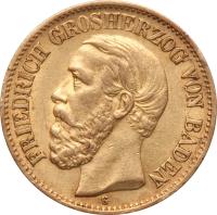 obverse of 10 Mark - Friedrich I (1875 - 1888) coin with KM# 264 from German States. Inscription: FRIEDRICH GROSHERZOG VON BADEN G