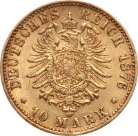 reverse of 10 Mark - Friedrich I (1875 - 1888) coin with KM# 264 from German States. Inscription: DEUTSCHES REICH 1876 * 10 MARK *