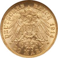 reverse of 20 Mark - Friedrich II (1911 - 1914) coin with KM# 284 from German States. Inscription: DEUTSCHES REICH 1914 * 20 MARK *